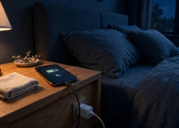 A smartphone plugged into a charger on a bedside table at night, its screen showing a battery icon and a small moon, in a dark bedroom lit by a warm lamp