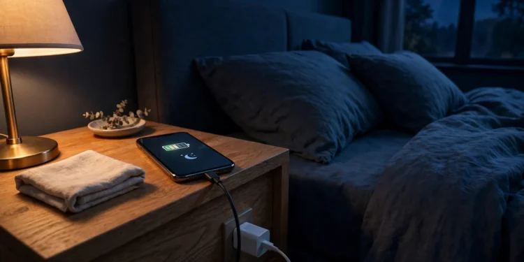 A smartphone plugged into a charger on a bedside table at night, its screen showing a battery icon and a small moon, in a dark bedroom lit by a warm lamp