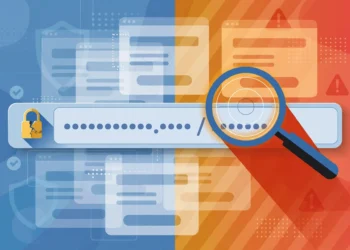 Editorial illustration of a browser address bar with a padlock icon beside the URL, ghosted phishing login pages behind it and a magnifying glass inspecting the domain text — the cracked padlock casts a warning shadow