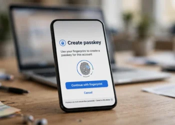 Photorealistic photo of a smartphone on a desk showing a "Create passkey" prompt with a fingerprint icon and a blue "Continue with fingerprint" button, laptop blurred behind