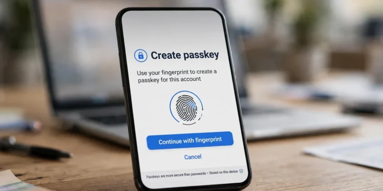 Photorealistic photo of a smartphone on a desk showing a "Create passkey" prompt with a fingerprint icon and a blue "Continue with fingerprint" button, laptop blurred behind