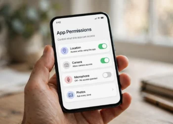 Hand holding a smartphone showing the App Permissions settings screen with toggles for Location, Camera, Microphone and Photos