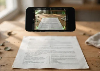 Photorealistic shot of a smartphone held over a paper document on a wooden desk, the phone screen showing a scanner viewfinder with a glowing green detection outline around the page
