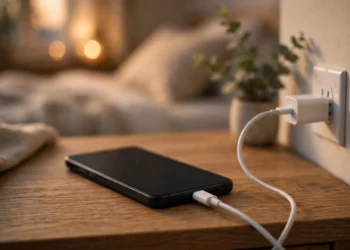 A smartphone charging on a wooden nightstand, cable running to a white USB-C wall charger plugged into a wall outlet