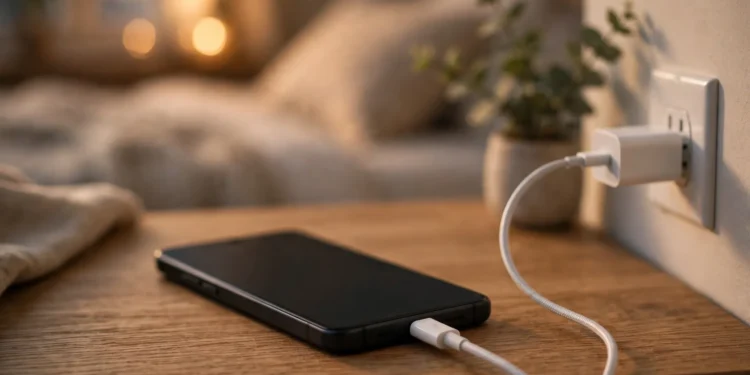 A smartphone charging on a wooden nightstand, cable running to a white USB-C wall charger plugged into a wall outlet