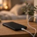 A smartphone charging on a wooden nightstand, cable running to a white USB-C wall charger plugged into a wall outlet