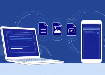 Illustration of document, photo and video files transferring wirelessly between a smartphone and a laptop