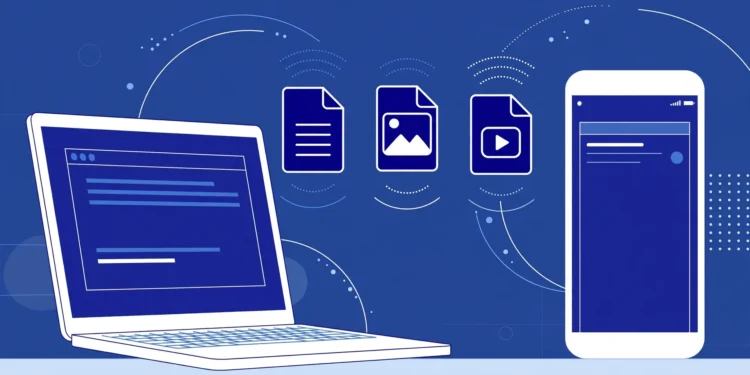 Illustration of document, photo and video files transferring wirelessly between a smartphone and a laptop