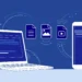Illustration of document, photo and video files transferring wirelessly between a smartphone and a laptop