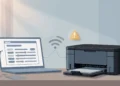 Editorial illustration of a home printer and laptop linked by a Wi-Fi signal, with a warning triangle above the printer