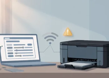 Editorial illustration of a home printer and laptop linked by a Wi-Fi signal, with a warning triangle above the printer