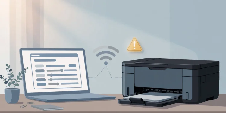 Editorial illustration of a home printer and laptop linked by a Wi-Fi signal, with a warning triangle above the printer