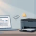 Editorial illustration of a home printer and laptop linked by a Wi-Fi signal, with a warning triangle above the printer