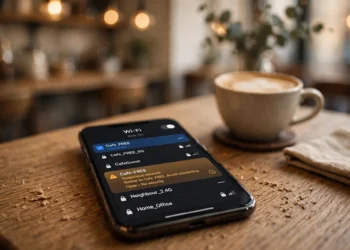 Smartphone on a café table showing a list of nearby Wi-Fi networks, with one lookalike network glowing in a subtle amber warning tint