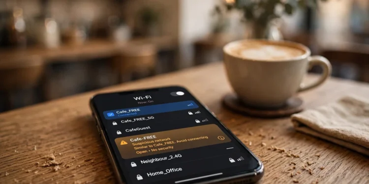 Smartphone on a café table showing a list of nearby Wi-Fi networks, with one lookalike network glowing in a subtle amber warning tint