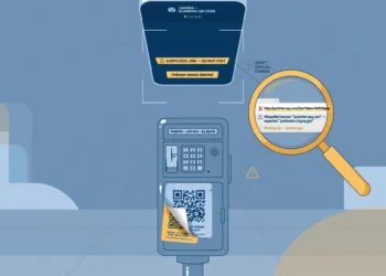 Editorial illustration of a smartphone scanning a QR code sticker on a parking meter, the sticker peeling at one corner to reveal a different code underneath