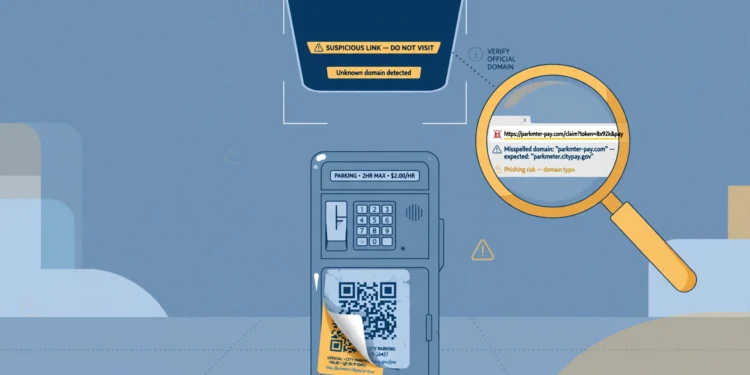 Editorial illustration of a smartphone scanning a QR code sticker on a parking meter, the sticker peeling at one corner to reveal a different code underneath