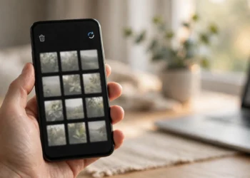 A hand holding a smartphone showing a photo gallery trash folder with faded thumbnails, a trash icon, and a restore arrow — illustrating how to recover deleted photos