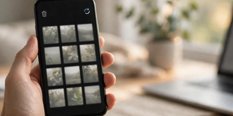 A hand holding a smartphone showing a photo gallery trash folder with faded thumbnails, a trash icon, and a restore arrow — illustrating how to recover deleted photos