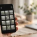 A hand holding a smartphone showing a photo gallery trash folder with faded thumbnails, a trash icon, and a restore arrow — illustrating how to recover deleted photos