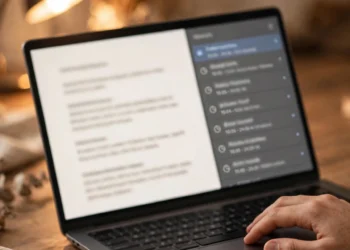 Laptop on a desk with a document open beside a timeline of its older saved versions — illustrating document version history