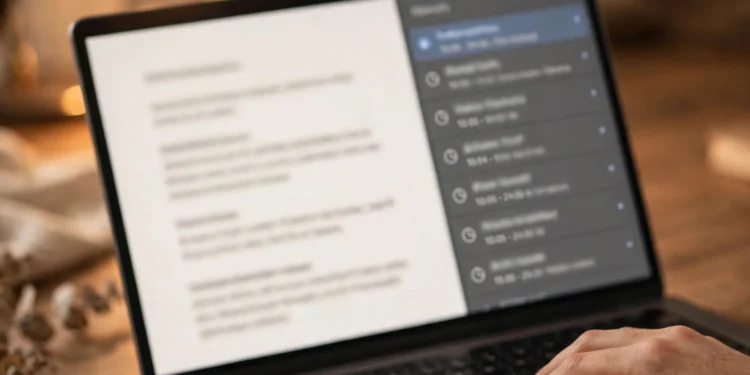 Laptop on a desk with a document open beside a timeline of its older saved versions — illustrating document version history