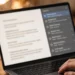 Laptop on a desk with a document open beside a timeline of its older saved versions — illustrating document version history