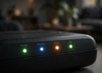 Close-up of a home router's front panel with glowing green, blue and amber LED lights labelled Power, Internet, Wi-Fi and LAN