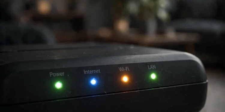 Close-up of a home router's front panel with glowing green, blue and amber LED lights labelled Power, Internet, Wi-Fi and LAN