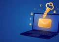 Illustration of a golden master key hovering over a glowing inbox icon on a laptop screen, surrounded by shields and padlocks
