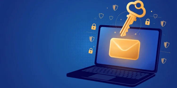 Illustration of a golden master key hovering over a glowing inbox icon on a laptop screen, surrounded by shields and padlocks
