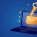 Illustration of a golden master key hovering over a glowing inbox icon on a laptop screen, surrounded by shields and padlocks