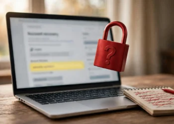 Photorealistic image of a laptop showing an account recovery page with a highlighted security question field, a red padlock embossed with a question mark above the keyboard, and a notepad with crossed-out answers beside it