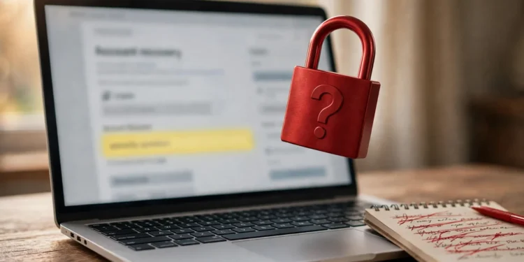 Photorealistic image of a laptop showing an account recovery page with a highlighted security question field, a red padlock embossed with a question mark above the keyboard, and a notepad with crossed-out answers beside it