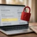 Photorealistic image of a laptop showing an account recovery page with a highlighted security question field, a red padlock embossed with a question mark above the keyboard, and a notepad with crossed-out answers beside it