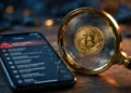 A smartphone showing a suspicious email with a red warning mark, next to a magnifying glass revealing a bitcoin coin — illustrating a sextortion ransom email
