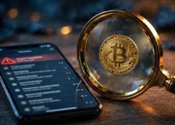A smartphone showing a suspicious email with a red warning mark, next to a magnifying glass revealing a bitcoin coin — illustrating a sextortion ransom email