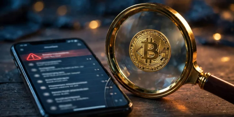 A smartphone showing a suspicious email with a red warning mark, next to a magnifying glass revealing a bitcoin coin — illustrating a sextortion ransom email