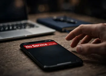 Smartphone on a wooden desk displaying a red "No Service / SOS only" warning, a hand reaching toward it — the classic sign of a SIM swap attack