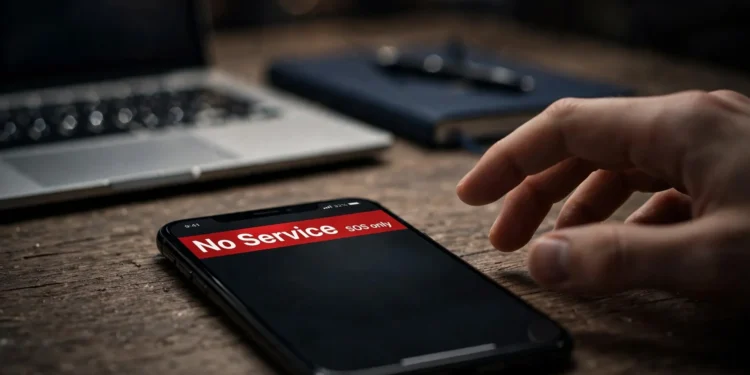 Smartphone on a wooden desk displaying a red "No Service / SOS only" warning, a hand reaching toward it — the classic sign of a SIM swap attack