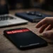 Smartphone on a wooden desk displaying a red "No Service / SOS only" warning, a hand reaching toward it — the classic sign of a SIM swap attack