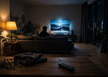 A person watching a glowing smart TV in a dim living room, TV remote on the coffee table