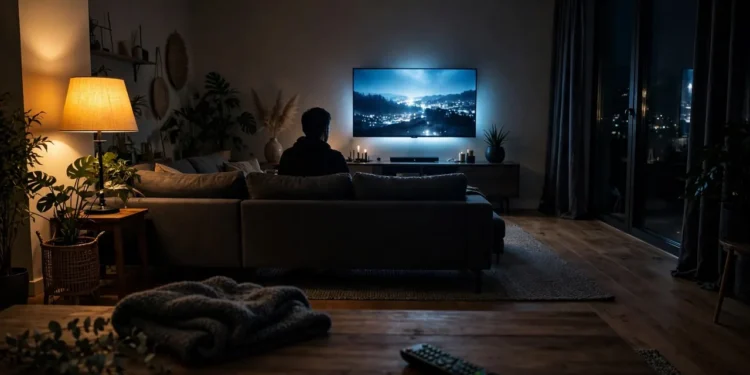 A person watching a glowing smart TV in a dim living room, TV remote on the coffee table