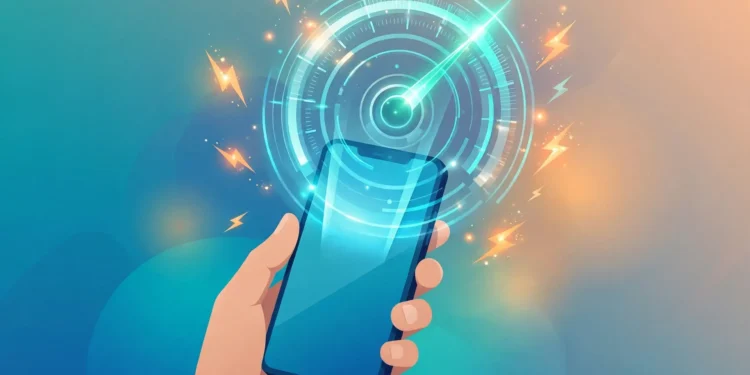 Editorial illustration of a hand holding a smartphone with a glowing speedometer gauge and lightning bolts above the screen, symbolising a phone speed boost