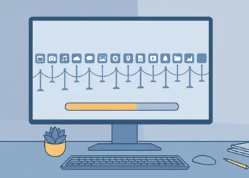Illustration of a computer booting up while a queue of app icons waits behind a loading bar