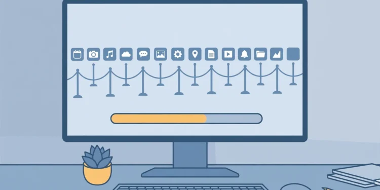Illustration of a computer booting up while a queue of app icons waits behind a loading bar