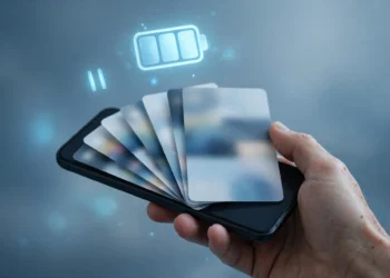 A hand holding a smartphone with fanned-out app switcher cards, a glowing battery icon and a pause symbol above it — illustrating the myth that closing background apps saves battery