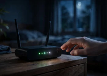 Photorealistic night-time photo of a home Wi-Fi router on a wooden nightstand in a dark bedroom, status LEDs glowing softly, moonlight through a window, with a hand hovering near the power button