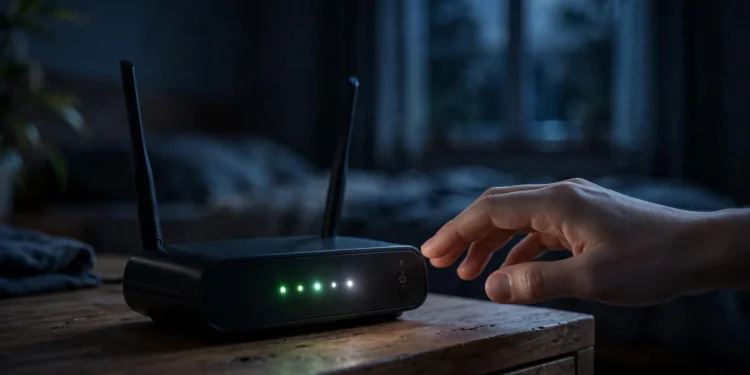 Photorealistic night-time photo of a home Wi-Fi router on a wooden nightstand in a dark bedroom, status LEDs glowing softly, moonlight through a window, with a hand hovering near the power button