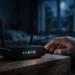 Photorealistic night-time photo of a home Wi-Fi router on a wooden nightstand in a dark bedroom, status LEDs glowing softly, moonlight through a window, with a hand hovering near the power button